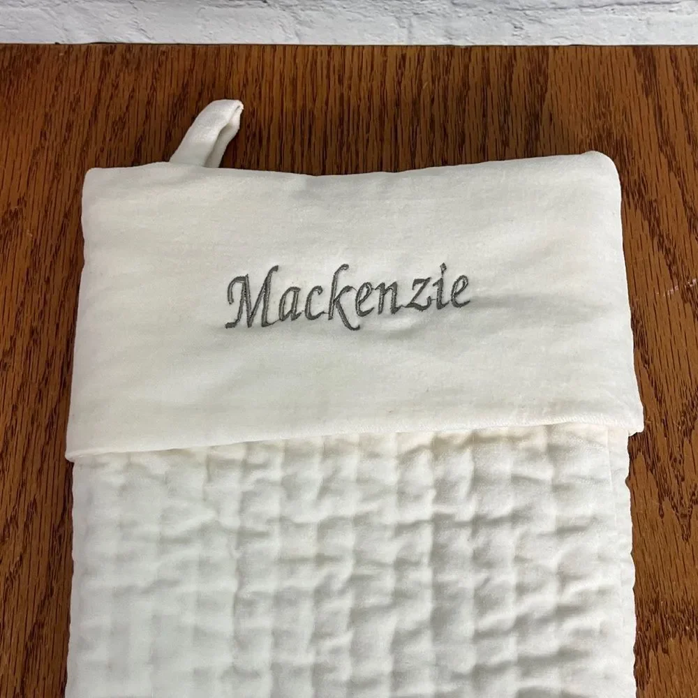 {Pottery Barn} quilted stocking with name Mackenzie embroidered in Gray